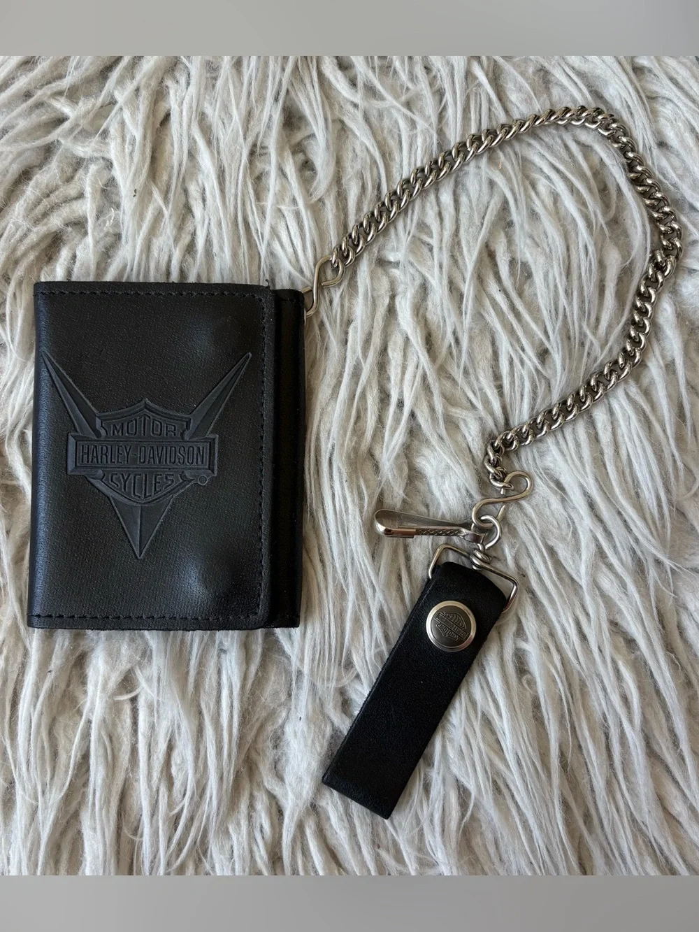 Harley Davidson Vintage 90s USA V-Twin Bar Shield Tri-Fold Leather Chain Wallet
